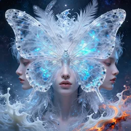 3 d goddess butterfly face portrait, face in the center, bioluminescent, beautiful transculent intricate highly detailed quetzalcoatl feathers. ice, galaxy, plasma, lava, milk, artwork by tooth wu and artgerm and vincent di fate and wlop, 8 k trending on artstation, volumetric lighting