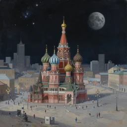 an epic painting of a Russian city square on a grey desert planet in the endless starry night of the Moon city, unreal 5, DAZ, detailed, soft focus, brilliant, 4k, 8k, HD, trending on artstation, art by Rick Guidice painting by Robert McCall by John Harris