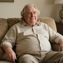 cozy wide picture of older handsome lord richard is sitting gracefully on a sofa, his eyes look wise, happy wise. oh he is a human by the way, wear's beige shirt, has firm skin and bouncy belly