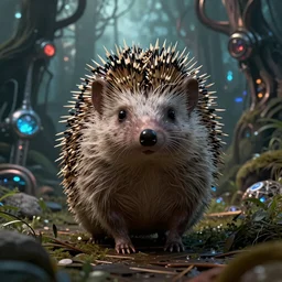 portrait of a cyborg hedgehog, on the background of a weird magical mechanical forest. Very detailed 8k. Fantasy cyberpunk horror. Sharp. Cinematic post-processing. Unreal engine. Nanite. Ray tracing. Parallax. Tessellation in the style of waya steurbaut