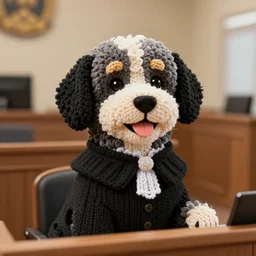 a closeup photorealistic illustration of a smiling knitted bernedoodle judge dog dressed in a black gown, presiding over the courthouse. indoors, well lit. this 4 k hd image is trending on artstation, featured on behance, well - rendered, extra crisp, features intricate detail, epic composition and the style of unreal engine.