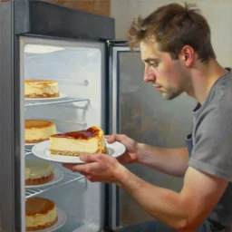 man putting cheesecake in the fridge, oil on canvas, intricate, portrait, 8 k highly professionally detailed, hdr, cgsociety