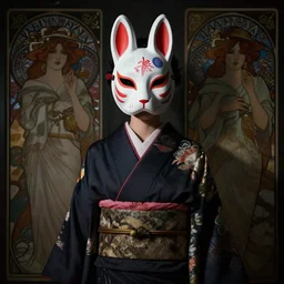a photorealistic dramatic fantasy render of a beautiful woman wearing a beautiful intricately detailed japanese rabbit kitsune mask and clasical japanese kimono by wlop, artgerm, greg rutkowski, alphonse mucha, beautiful dynamic dramatic dark moody lighting, shadows, cinematic atmosphere, artstation, concept design art, octane render, 8 k