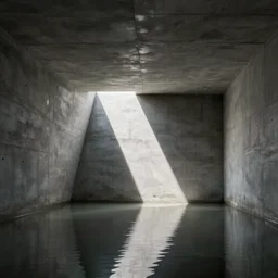 underground concrete room, flooded, minimalist architecture, surreal, liminal space, angled walls, high ceiling,