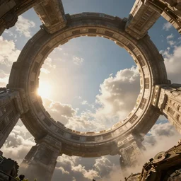 stargate made of stone that form a circle, cinematic view, epic sky, detailed, concept art, low angle, high detail, warm lighting, volumetric, godrays, vivid, beautiful, trending on artstation, by jordan grimmer