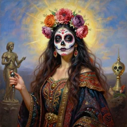 portrait oil painting, a beautiful young woman, floral headdress, flowers, dia de los muertos makeup, long flowing hair, wearing a ornate robe, ultra realistic, wide angle, intricate details, artifacts, luminous skies, highly detailed, michael cheval, peter mohrbacher, boris vallejo, jessica rossier, oil painting, highly detailed, cinematic lighting