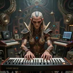 a centered photo of a post apocalyptic tribal cyborg playing synthesizers in the most complicated fractal and technical musical studio, powerful, cinematic, beautifully lit, by artgerm, by karol bak, 3 d, perfect face and body, trending on artstation, octane render, 8 k