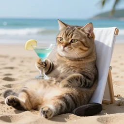 realistic photo of an anthropomorphic cat chilling out on the beach and drinking a martini