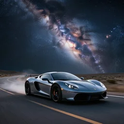 a road in space with sport car, space and Milky Way at background,