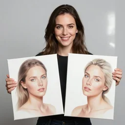 a high quality professional studio photograph with beautiful detailed face of a happy woman proudly showing off her collection of paintings of clean cel shaded vector art by lois van baarle, artgerm, helen huang, by makoto shinkai and ilya kuvshinov, rossdraws, illustration, art by ilya kuvshinov