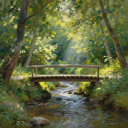 a small bridge going over a narrow river stream in a summer forest, Impressionism painting, dramatic, sunlight rays