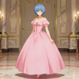 Rei Ayanami, wearing a pink ballroom gown, photorealistic background of a marble and gold ballroom, full body shot, highly detailed, smooth, digital painting by WLOP, promotional art, trending on deviantart