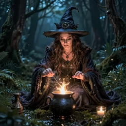 Witch in swamp hexing near cauldron at night