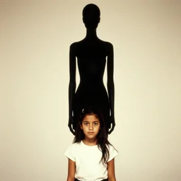 grainy, 1 9 8 0 s photograph of a tall, skinny, black figure standing behind a girl