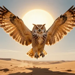 monstrously large owl blocking the sun with its huge wingspan, desert, by john howe