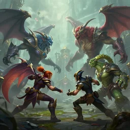 hyperrealism fantasy creatures fight scene with characters from league of legends portrait, digital art, wallpaper of an fantasy fight, background of steam punk city in fog, 8 k, sharp, trending dop hdr