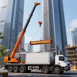 a crane truck lifting a beam in place for a skyscraper, hyper realistic, extremely detailed, raytracing, art by artgerm, greg rutkowski and alphonse mucha, artstation, octane render
