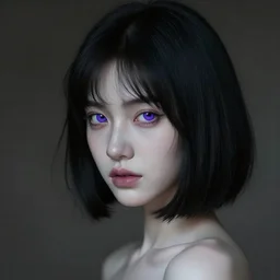 Pale-skinned Persian girl, black hime cut hair, bob cut hair, purple eyes, mysterious girl, photograph