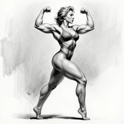 scarlett johansson as body builder, frank frazetta, black and white, most muscular pose, pencil and ink, dramatic lighting, full body profile