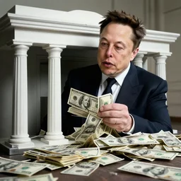 elon musk robbing a bank. dollars. lots of dollars. theft. security.