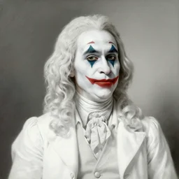 1 8 th century oil painting portrait of the joker wearing a white aristocratic outfit and wearing a monocle on his eye, very detailed, very intricate, 8 k,