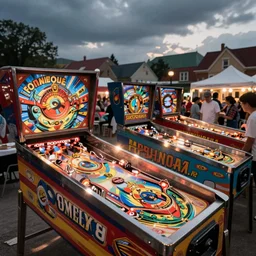 a small town restaurant festival, in the style of the comet pinball game artwork