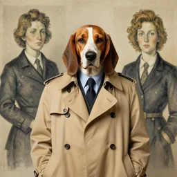 canine portrait Detective Sergeant Jason Statham wearing a bloodhound bloodhound mask dog dog man whilst donning a tan trenchcoat honore daumier jeff simpson koya nakatsudo amalia ulman hideaki takamura scrimshaw