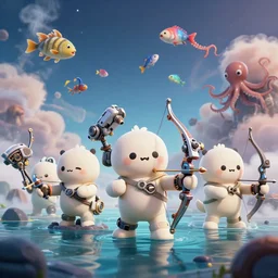 scifi scene, universe landscape, five cute monsters, hold mechanical bow and arrow and weapons, wearing brand of off white style, catching colorful fishes + sepia + octopus, with depth of field, octane render, neon hand sports bracelet, standing on the water ground, with splatoon + ratchet & clank : rift apart style, smoke war, comic paint, anorld render, unreal engine render, vfx, octane render, highly quality, artstation, 4 k,