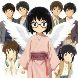 4k concept art of a cute japanese girl wearing glasses and a long robe, with big eyes and wings and short black hair, drawn by akihiko yoshida and tsutomu nihei and wadim kashin and john berkey and makoto shinkai and yoji shinkawa