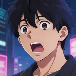 beautiful lifelike studio close - up anime painting of a shocked!!!!! expression male anime teen anime protagonist with open mouth, in a neon nighttime city. perfectly shaded lighting, expressive!!!! creative!!!!! very very coherent, trending on artstation, greg rutkowski, hyper detailed, 4 k, high quality, smooth, sharp focus