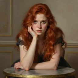 portrait of a beautiful auburn - haired woman sitting upon a table with heightened detail, poised, intense emotion, detailed facial expression, detailed surroundings, intricate, elegant, highly detailed, centered, digital painting, artstation, concept art, smooth, sharp focus, illustration, by ( sir edward coley burne - jones ), wlop