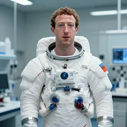 Mark Zuckerberg wearing a space suit inside a laboratory, photo,