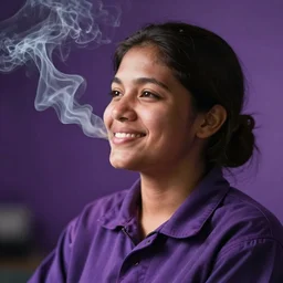 maintenance woman who is high ; dreamy smile on her face, smoke in the background, pensive expression, purple background, bokeh, graflex