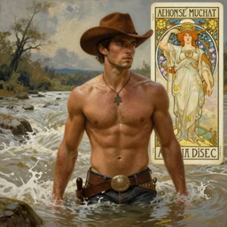 a dramatic, epic, ethereal painting of a handsome brown shirtless cowboy | background is a torrential flooding river | tarot!! card, art deco, art nouveau | by Mark Maggiori, by alphonse mucha | trending on artstation