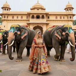 photo of many elephants, decorated with colorful paintings, majestically stride past in front of the great palace of the maharacha. the princess's wedding is celebrated. she is wrapped in richly decorated luxurious fabrics that shine in golden and mistic colors