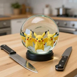 glass ball filled with pokemon, on a kitchen table, big knife aside, 8 k,