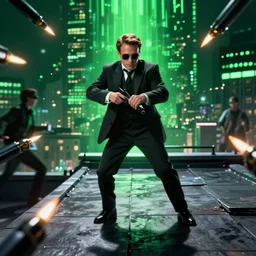 macron dodging bullets on a rooftop, slowtime, in matrix, realistic, matrix lut, american shot, green matrix light, front view