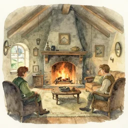 (((((((hobbit and knome house living room with blazing fireplace))))))) . muted colors. by Jean-Baptiste Monge !!!!!!!!!!!!!!!!!!!!!!!!!!!!!!!!!!!!!!!! ((((((((((((((((((watercolor sketch))))))))))))))))))