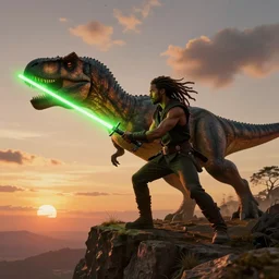 man with dreadlocks using a green lightsaber to fight a dinosaur, on top of a cliff at sunset