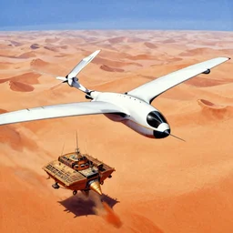 an atreides ornithopter flying over a spice harvester in dune, by jean giraud moebius