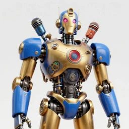 portrait photo of a giant huge golden and blue metal humanoid steampunk robot singer with multicolored microphones and big gears and tubes, a red glowing microphone, blue headphones, eyes are glowing red lightbulbs, shiny crisp finish, 3 d render, 8 k, insaneley detailed, fluorescent colors, background is multicolored lasershow