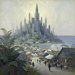 busy bazaar of the elven megacity of crystals and ferns, located at the coast. gouache by tove jansson, gothic horror, minimalism, impressionism, depth of field, backlighting