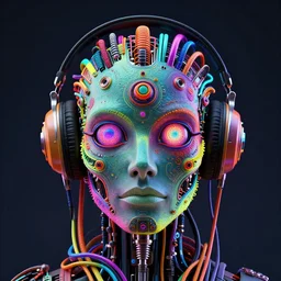a detailed atompunk rococo robot head wearing multicolored wires and headphone, 8 k, front view, symetrical, flourescent colors, halluzinogenic, multicolored, exaggerated detailed, front shot, 3 d render, octane