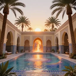beautiful bath house surrounded by palm trees, moroccan tile archways,, ivory towers, sun setting, ross tran, nephilim, pyroclastic flow, ethereal, fantasy, james jean, oozium, peter morbacher, angelarium, alchemy, luxury, heavenly light, soft illumination, trending on artstation, cinematic lighting, digital painting, octane render, artgerm