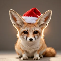 a close up, studio colour photograph of a fennec fox wearing a santa hat, dramatic backlighting at golden hour, wide angle 20mm lens