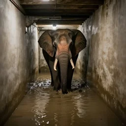 a creepy elephant at the end of a flooded basement hallway. craiglist photo.