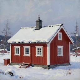 a cozy red cabin in northern Sweden, oil painting, trending on artstation