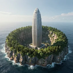modern brutalistic architecture tower build in the center of a huge ringed shaped mountain with forest on the top in the center of the ocean, unreal 5, hyper realistic, realistic, photorealistic, dynamic lighting, highly detailed, cinematic landscape, studio landscape, studio lighting