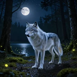 ghost wolf, forest, night, stars, full moon, mossy gravel floor, fireflies, lake, reflections, ray trace, 4 k, hyper realistic, octane render