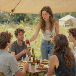 an over heated young woman under a tent serving people alcohol, sunny day, detailed oil painting